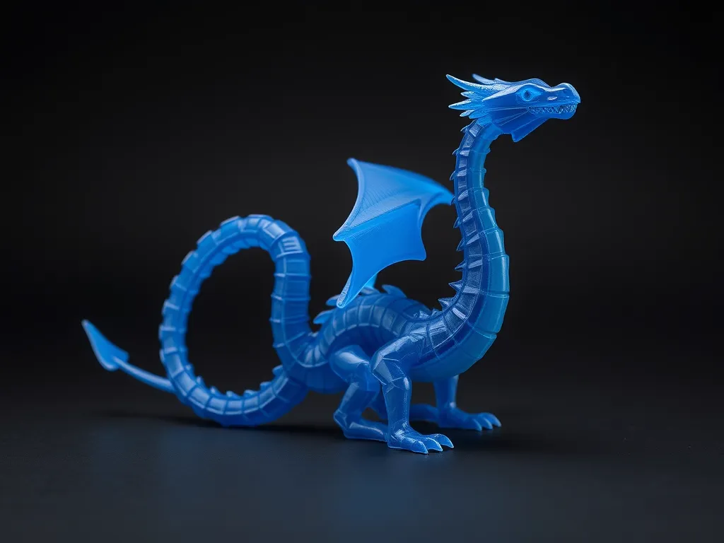 Drago articolato blu stampato in 3D su sfondo scuro