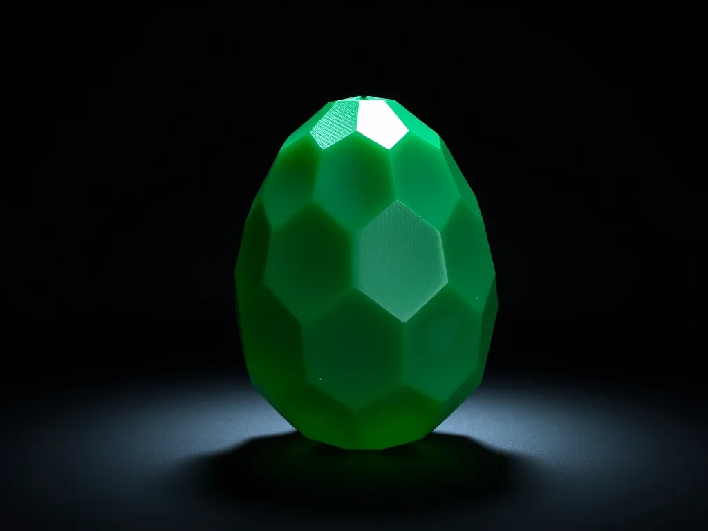 Uovo sfaccettato verde stampato in 3D su sfondo scuro